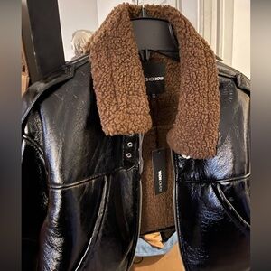 Black and Brown Fashion Nova Cropped Faux Patent Leather Jacket